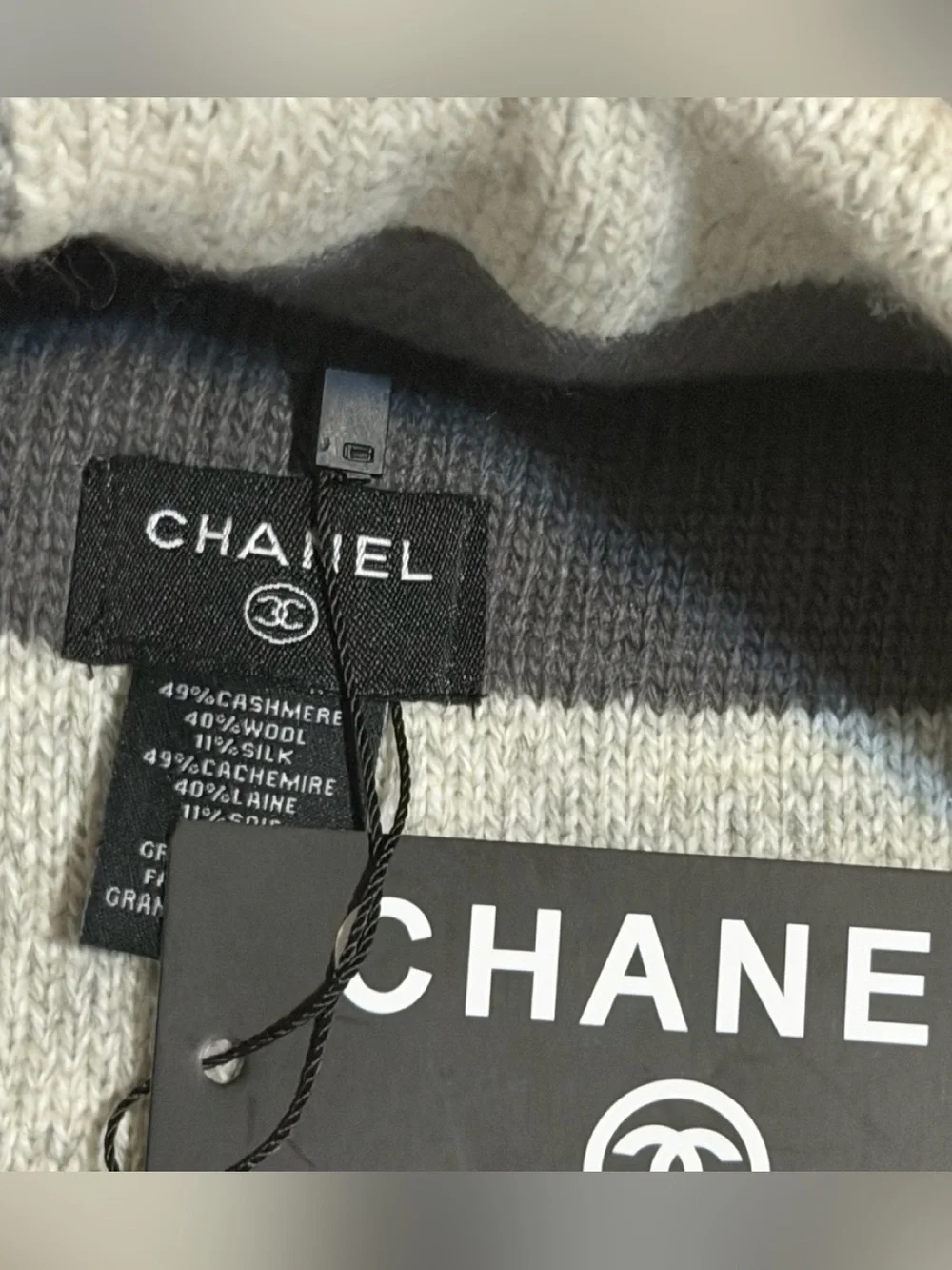 NWT Chanel Casmere and Wool Beenie in shades of greys- signature blac CC label